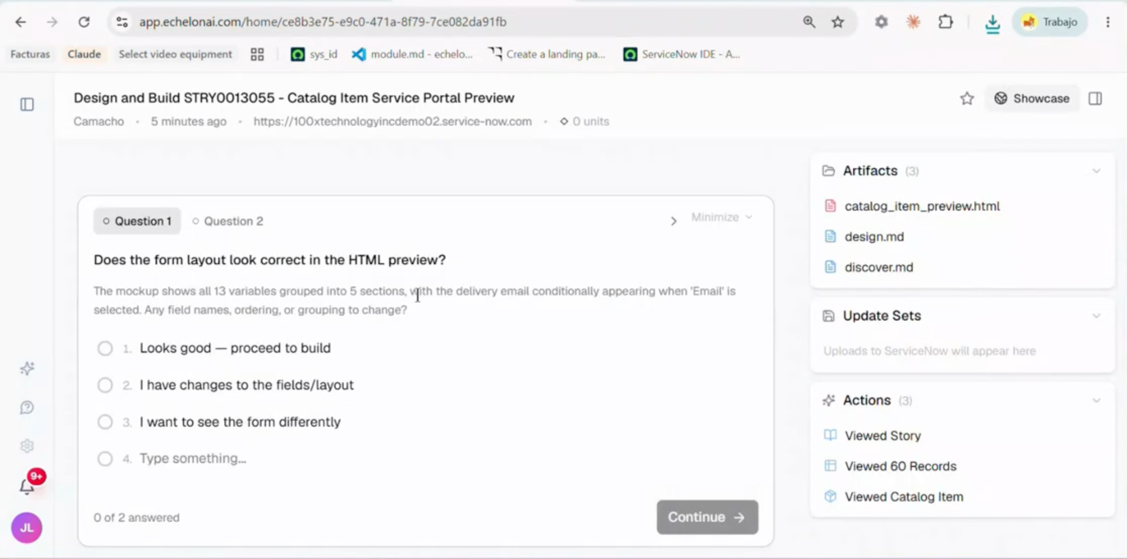 Reviewing an AI-generated catalog item design and its Flow Designer logic before approval