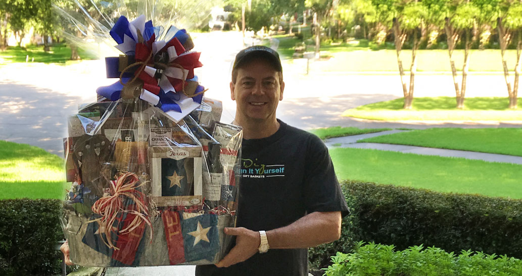 Design It Yourself Gift Baskets courier hand-delivering a Grandparents Day gift basket in the Houston area