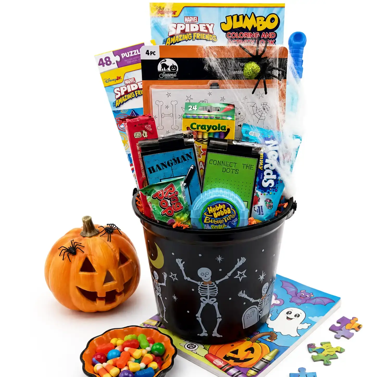 Halloween care package with games, puzzles, coloring pages, and candy