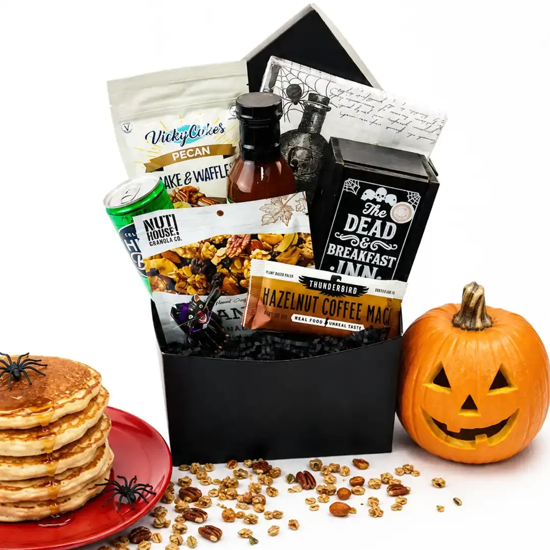 Dead and Breakfast Halloween gift box with pancake mix, syrup, granola, and coffee