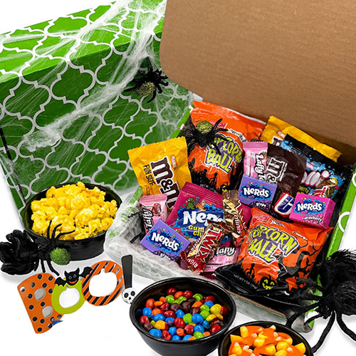 Boo Halloween gift box with popcorn balls, gummy candy, and chocolate treats